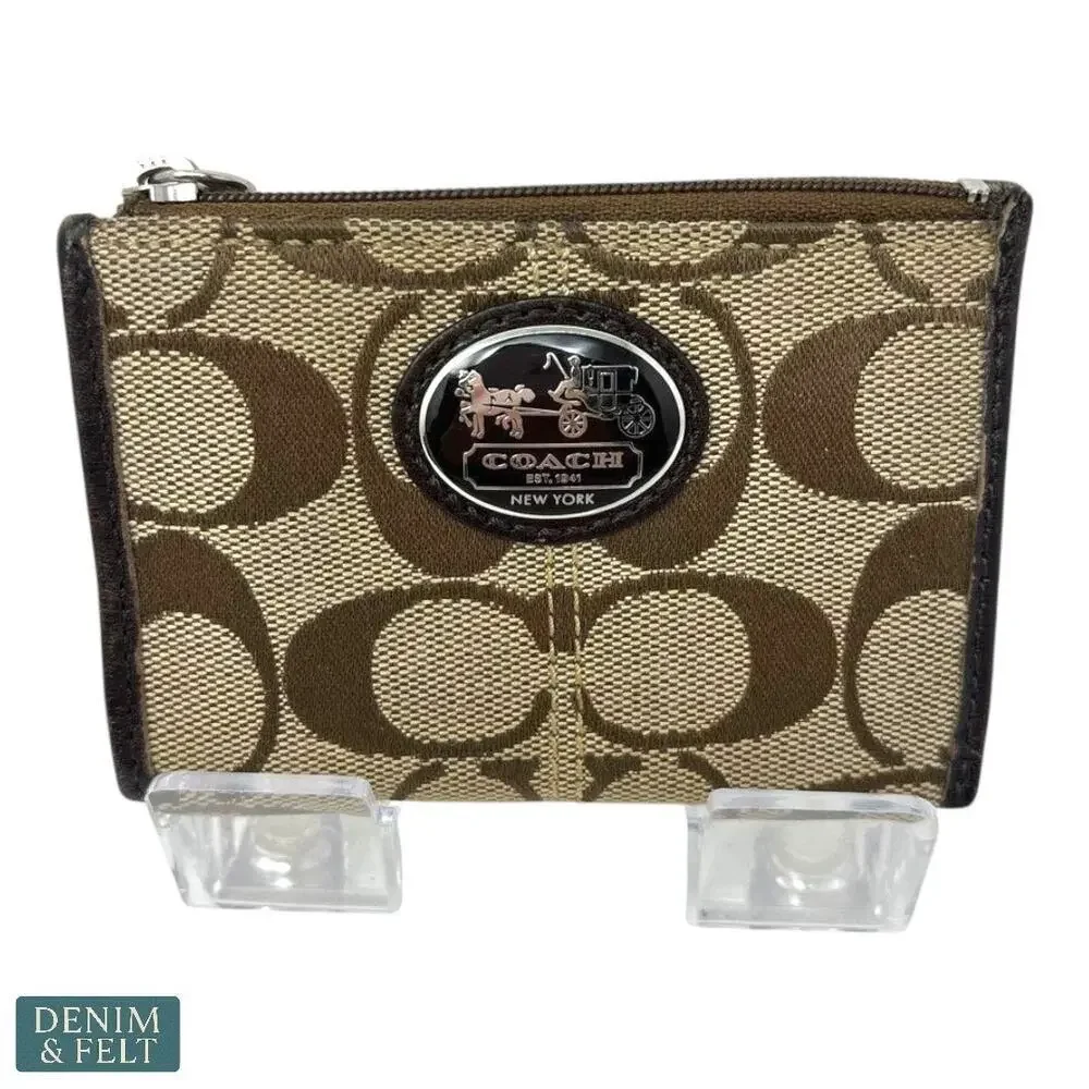Coach‎ Signature Canvas Zip Coin Pouch with Pink Lining & Key Ring Chain